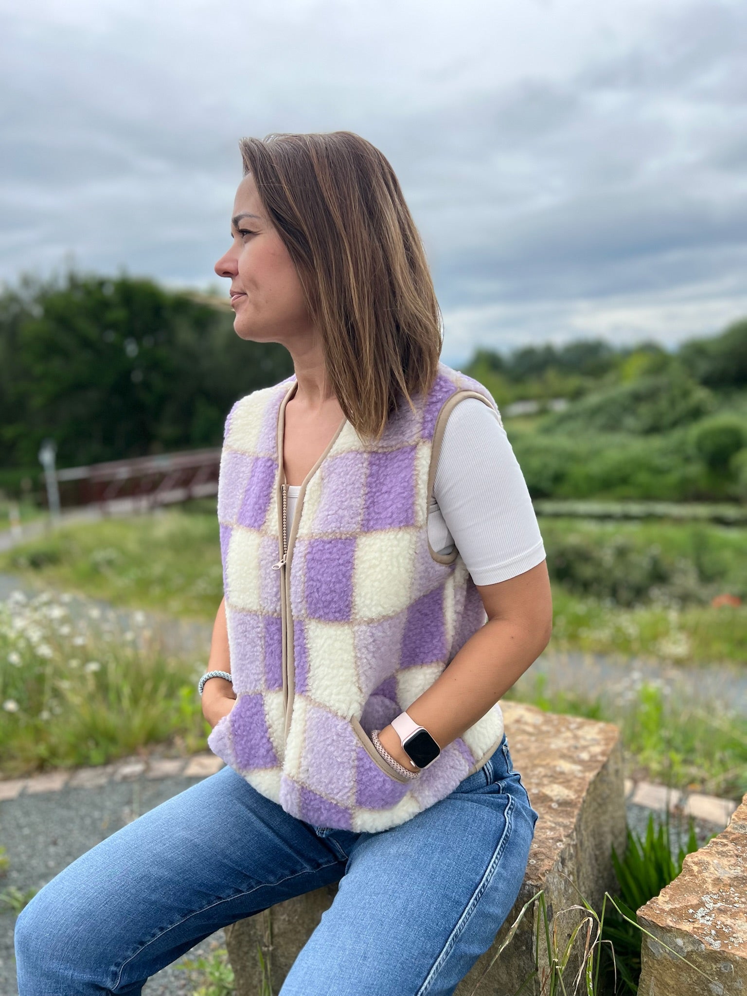 Alwero - Weste "POS" Adult, Biowolle, LILA CHECKERED, ultra light