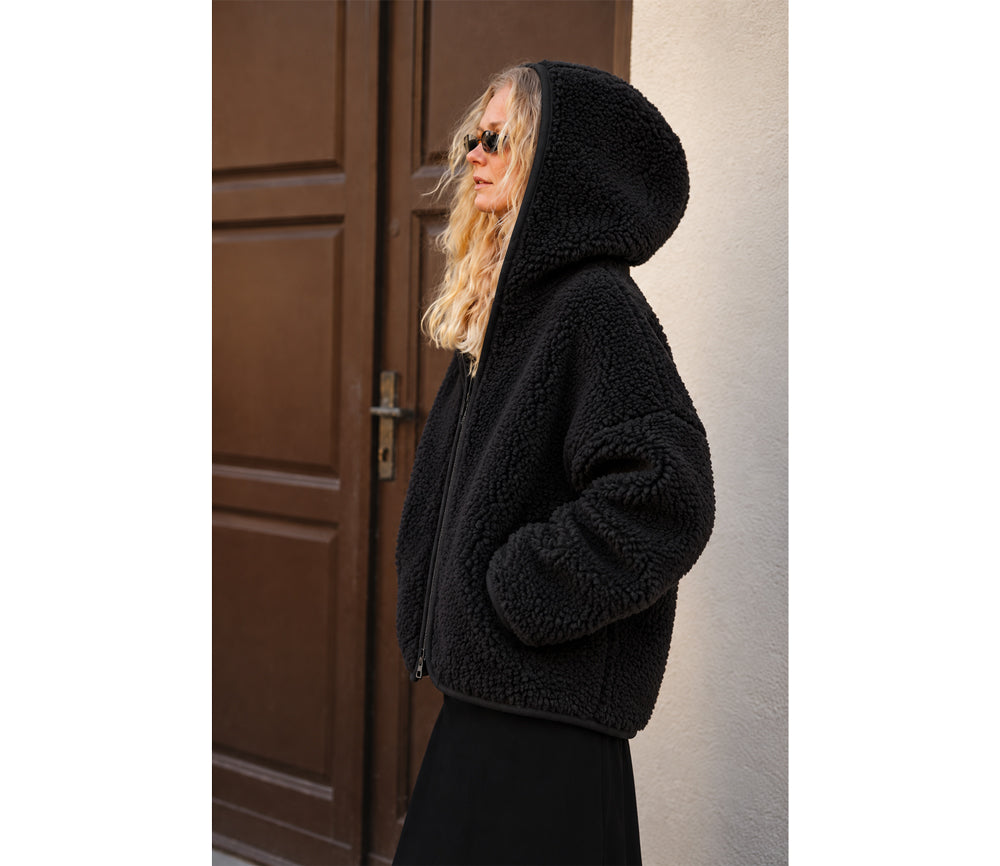 Alwero - Jacke mit Kapuze "KUFA" Adult, Biowolle, Deep Black, ultra light