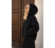 Alwero - Jacke mit Kapuze "KUFA" Adult, Biowolle, Deep Black, ultra light