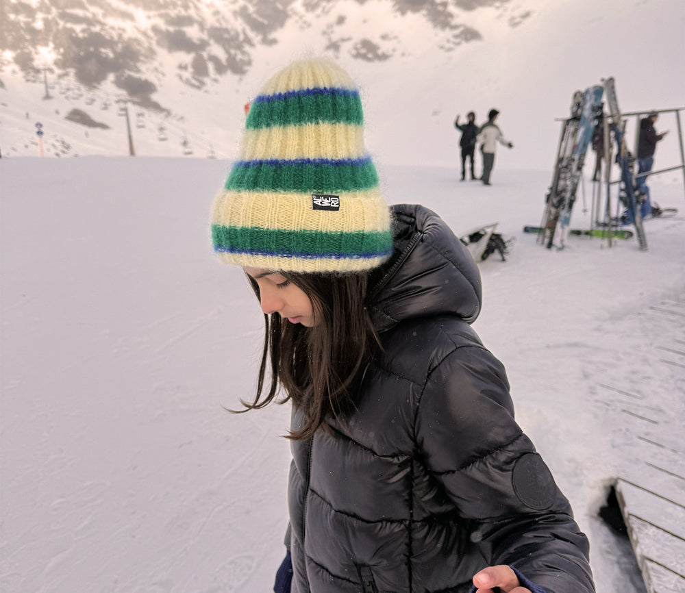 Alwero - Mütze, 'FLUFF', Ecru/Green, Mohair